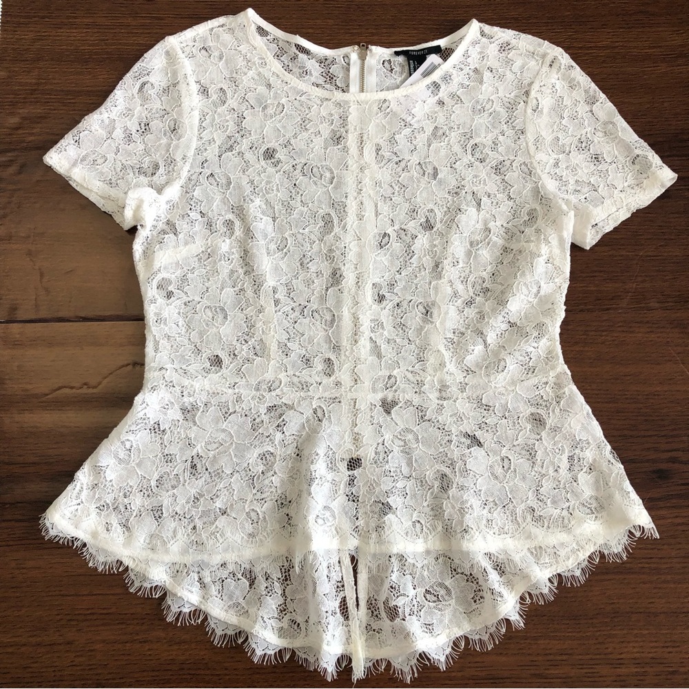 FOREVER 21 Women’s Cream Short Full Back Zipper Sleeve Lace Casual Blouse size S